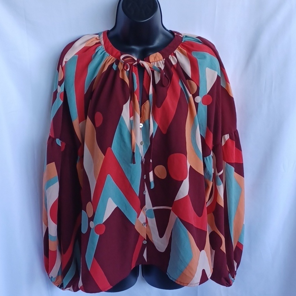 August Sky Women's Bishop Sleeves Woven Top, geometric bright pattern